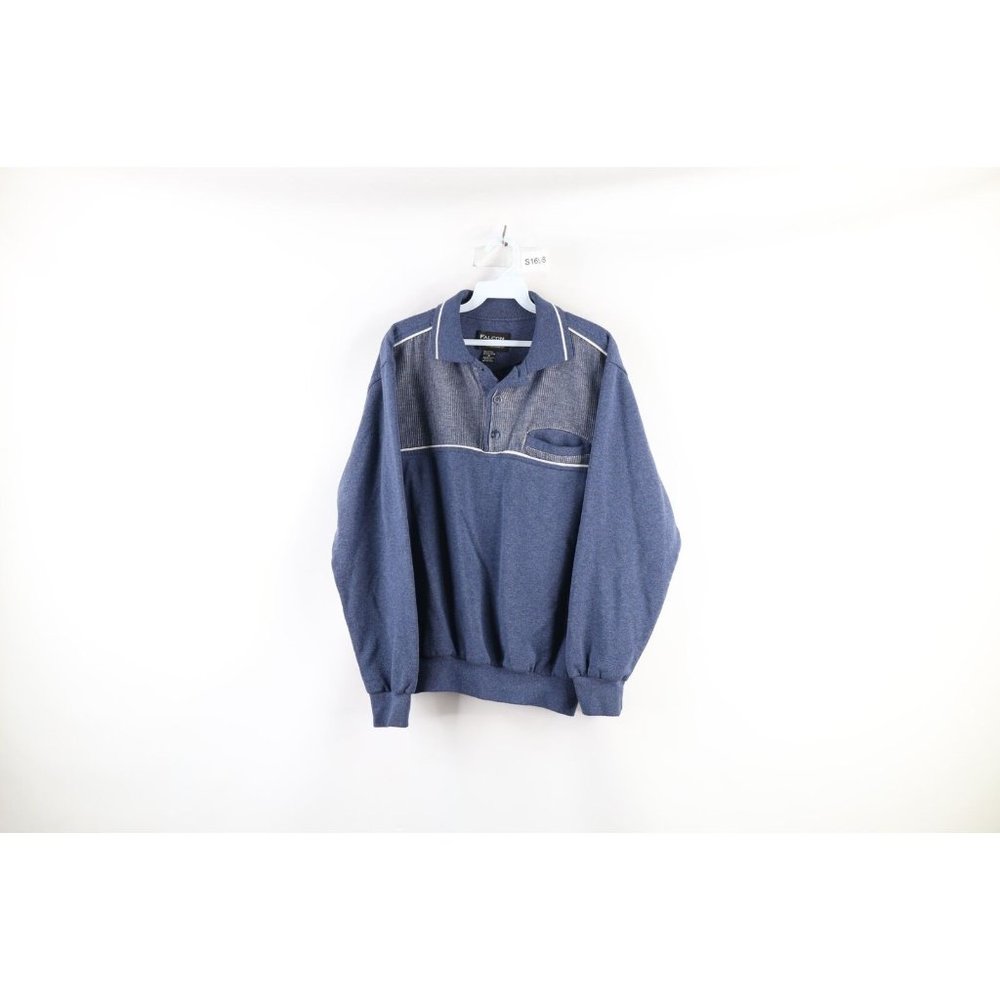 Vintage Blue Long Sleeve Polo Sweatshirt with Contrast Piping